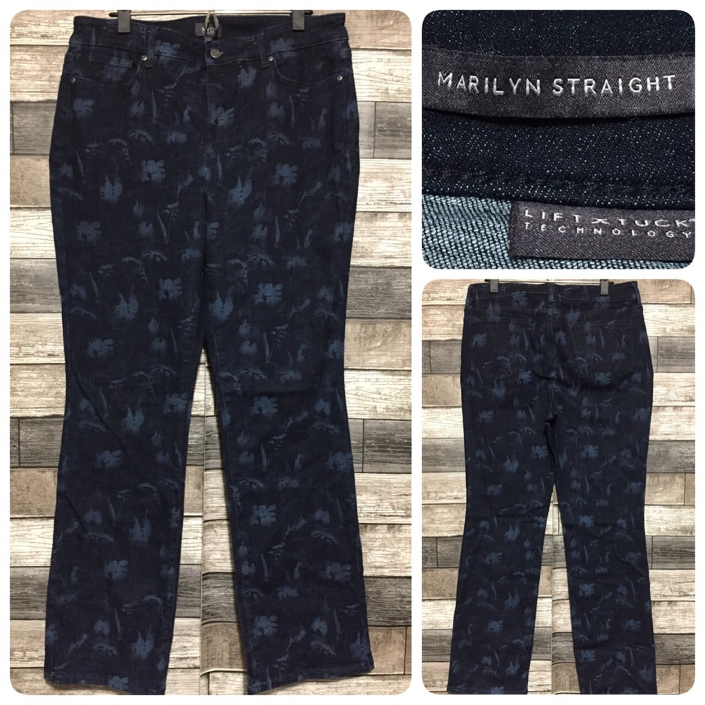 NYDJ Marilyn Straight Floral Jeans Women’s 14 Dark Wash Blue Denim (Inseam 30)